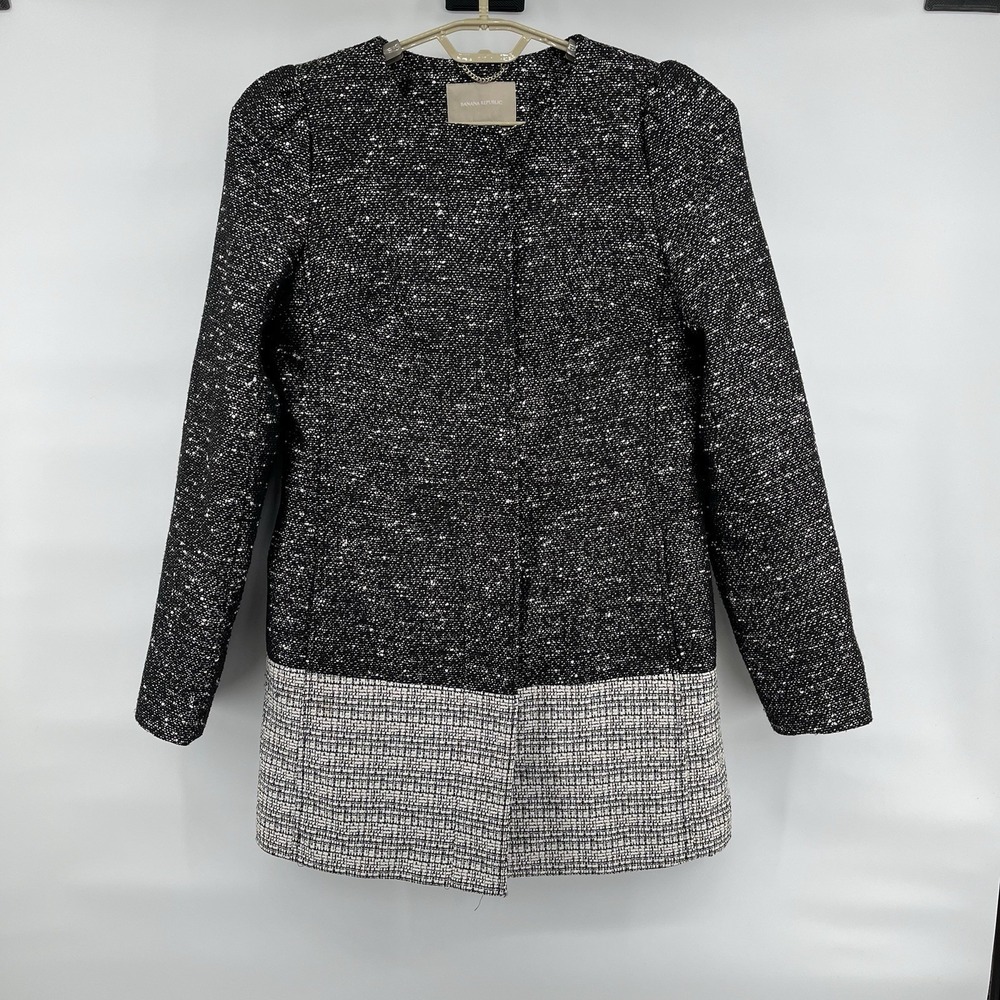 Women's Banana Republic Coat Jacket Size Small TALL Black White Tweed Dressy